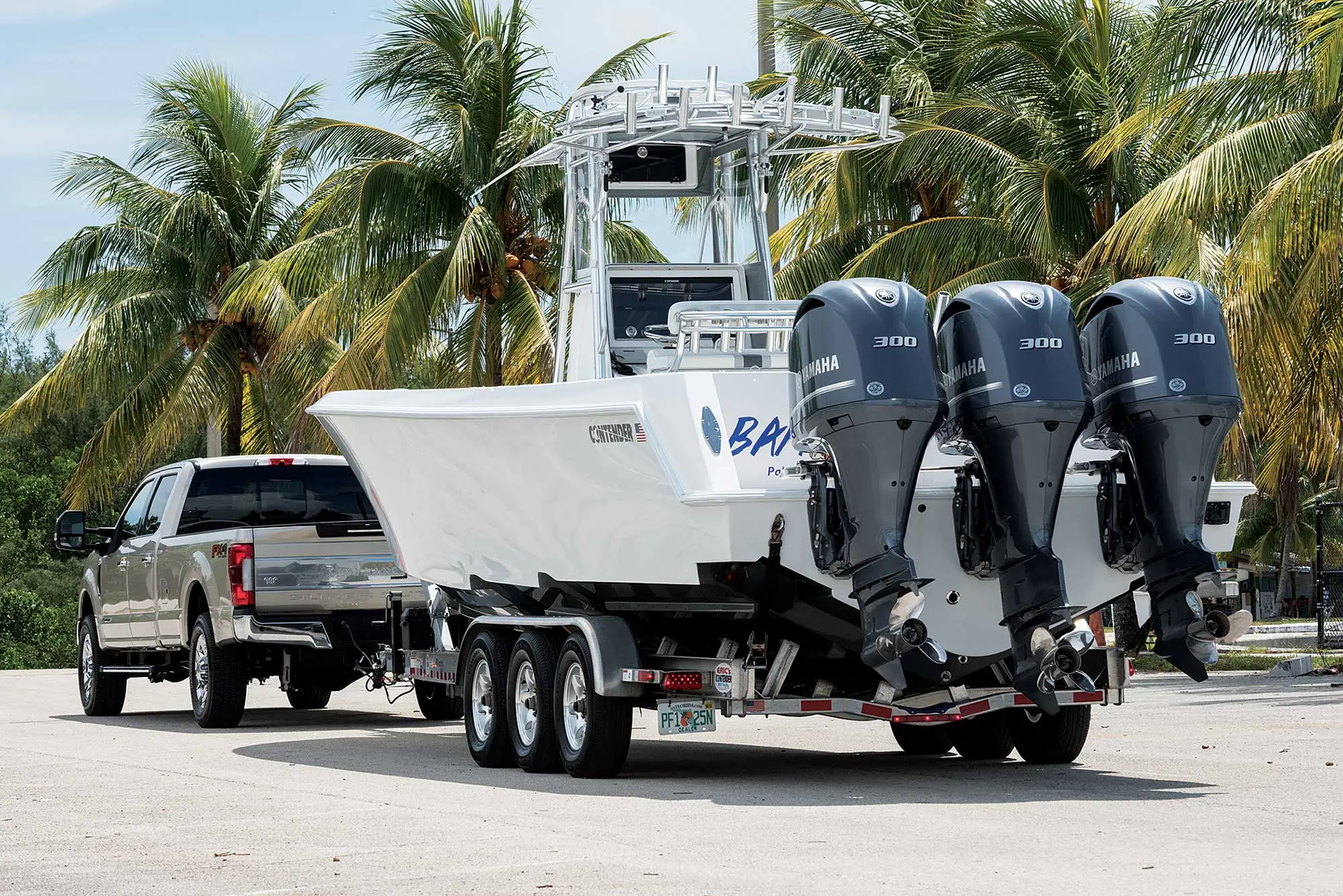 Boat trailer with boat loaded, clear day, professional shot