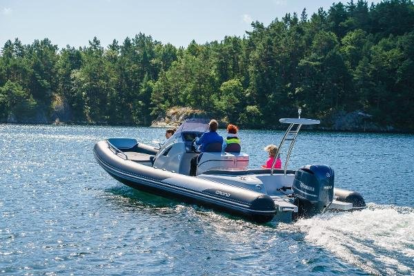 Inflatable boat loaded, clear day, professional shot